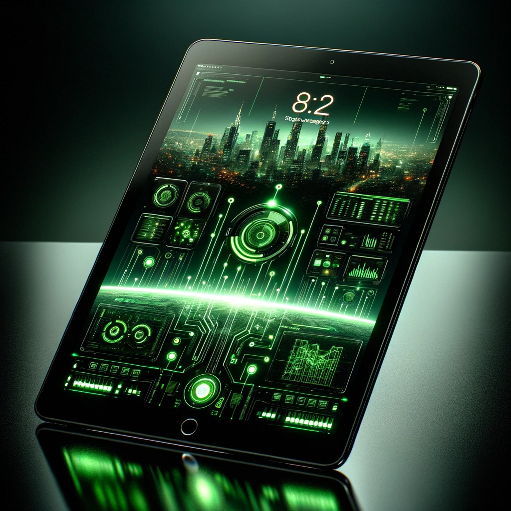 dall&middot;e 2024 01 20 13.21.29 create an image of an ipad resting on a glossy black surface with a city skyline silhouette in the background. the ipad should be angled to display it - Ремонт компьютеров